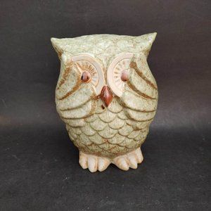 Bashful Owl Figure Ceramic Green w/ Brown Retro Whimsical Peek-A-Boo
